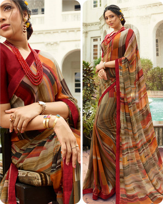 V And V Shop Printed Bollywood Georgette Saree(Brown)