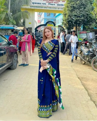 khodalenteprise Digital Print Mekhela Chador Cotton Blend Saree(Blue)