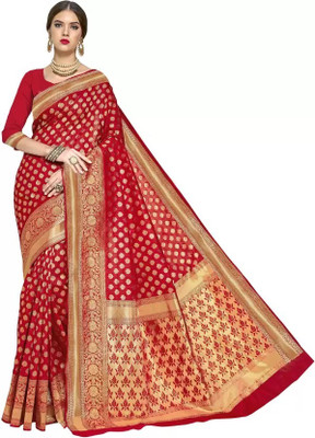 KIVERA Woven, Floral Print Banarasi Silk Blend Saree(Red)