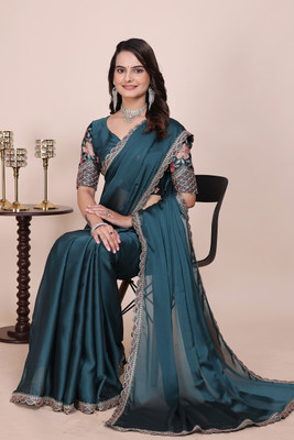 K 5 FASHION Embellished, Embroidered, Solid/Plain Bollywood Chiffon Saree(Light Blue)