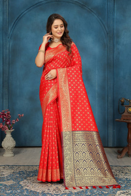 GARIYA Woven, Self Design, Temple Border Banarasi Silk Blend Saree(Red)