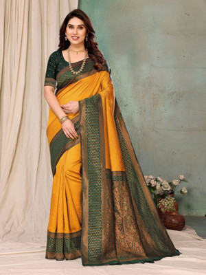 Soor Panchi Woven Banarasi Pure Silk Saree(Yellow)