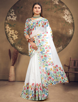HouseOfCommon Printed Kanjivaram Pure Cotton, Cotton Linen Saree(White)
