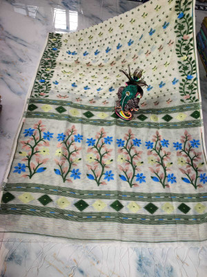 SAHA TEXTILE Floral Print, Embroidered, Woven, Printed, Geometric Print Jamdani Cotton Blend Saree(Yellow)