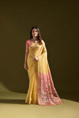 VISVASTA Woven, Printed Handloom Jacquard, Cotton Silk Saree(Yellow)
