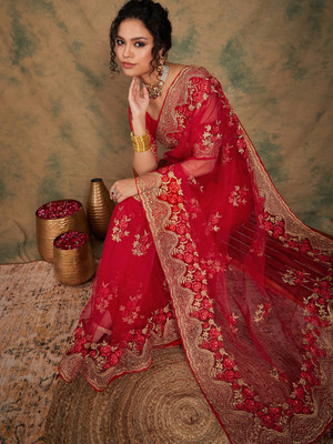 Divastri Embroidered Chanderi Net Saree(Red)