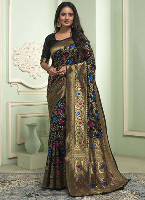 PK SAREES Woven Banarasi Jacquard Saree(Black)