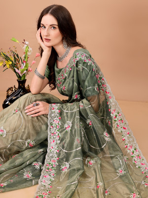 SPAREN CREATION Embroidered Bollywood Net Saree(Green)