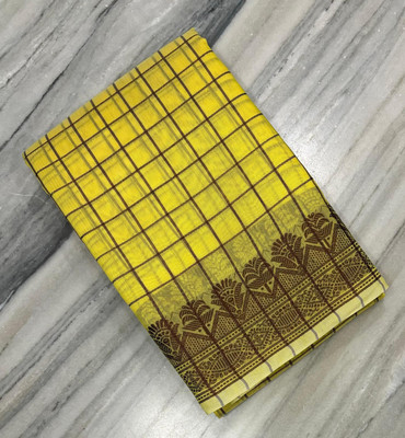 Z A FABRICS Checkered Chanderi Cotton Blend Saree(Yellow)