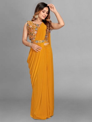 THE52 Embroidered Bollywood Lycra Blend Saree(Mustard)