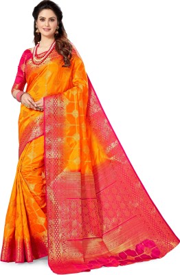 M.S.RETAIL Embellished Kanjivaram Silk Blend Saree(Yellow)