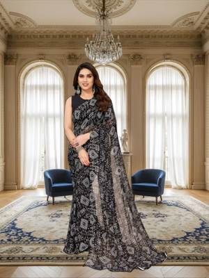 SmittenSmit Printed Bollywood Georgette Saree(Black)