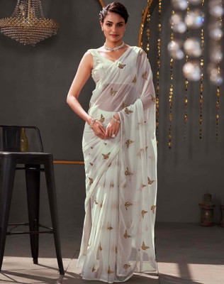 Tasrika Embellished, Embroidered Bollywood Georgette Saree(White)