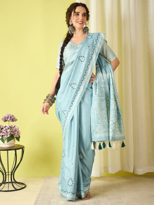 Tasrika Geometric Print Bollywood Silk Blend Saree(Light Blue)