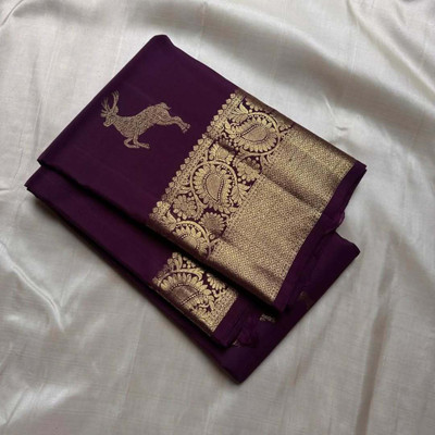 Bansari Textiles Woven, Solid/Plain, Self Design, Temple Border Banarasi Art Silk Saree(Purple)