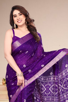 Karnav Fashion Printed Bandhani Chiffon Saree(Blue)
