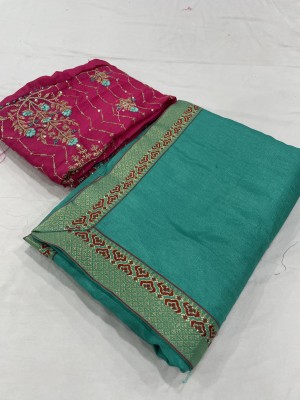 Vichitra Solid/Plain Bollywood Silk Blend Saree(Blue)