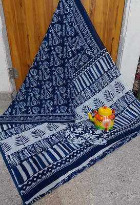 Krishna Creation Printed, Color Block, Hand Painted, Floral Print Ikkat Pure Cotton Saree(Blue)
