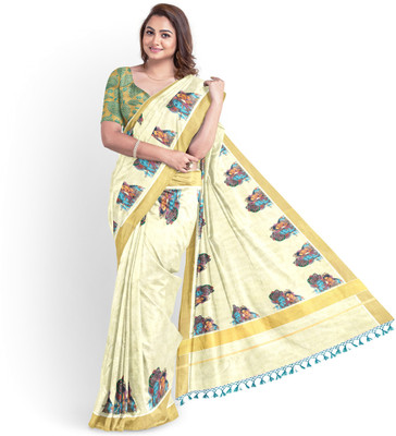 Chithra Fabrics Printed Kasavu Tissue Saree(Gold)
