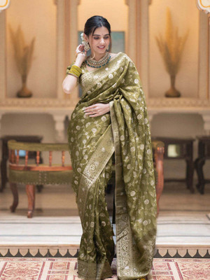Parangi-A planet of style Woven Banarasi Cotton Silk Saree(Light Green)