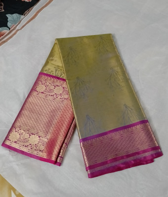 Indrani Floral Print, Woven Banarasi Pure Silk Saree(Light Green, Pink)
