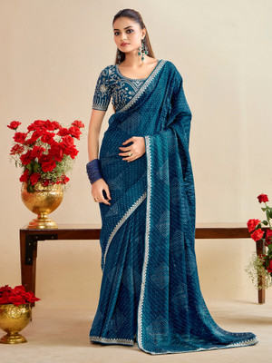 Sareemall Printed Bandhani Georgette Saree(Blue)