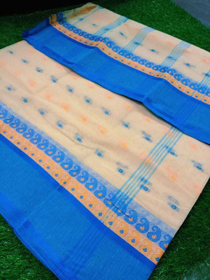Parbati fashion Self Design Tant Pure Cotton Saree(Blue, Cream)
