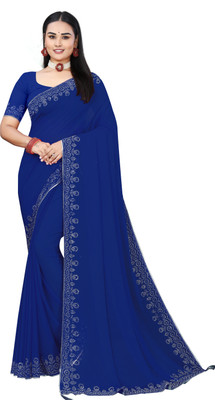 RK GLOBAL Solid/Plain Daily Wear Georgette Saree(Blue)