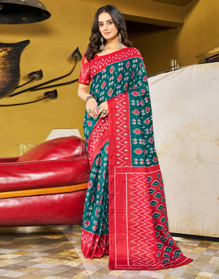 Samah Geometric Print, Printed Ikkat Pure Cotton Saree(Green, Maroon)