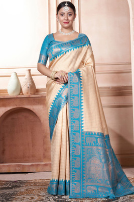 ROOP LAVANYA Woven Kanjivaram Jacquard, Art Silk Saree(Beige, Blue)