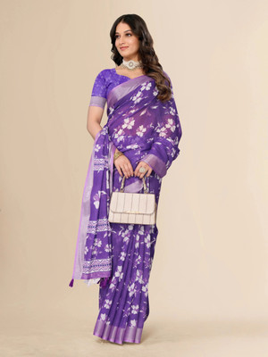 Santro Sarees Floral Print Daily Wear Cotton Linen Saree(Purple)