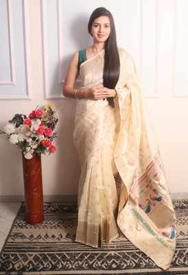 sarjan creation Woven Paithani Jacquard Saree(Cream)