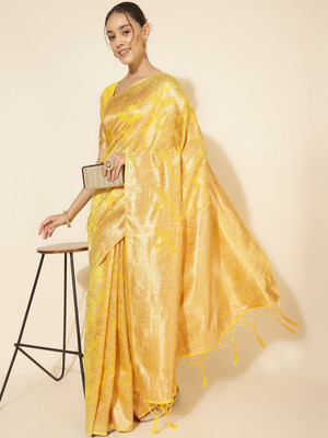 Janasya Woven, Self Design Chanderi Silk Blend Saree(Yellow)
