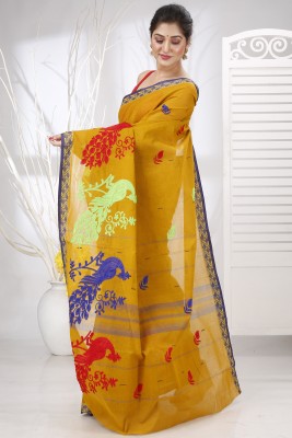 PuJoy Embroidered, Self Design, Woven Tant Pure Cotton Saree(Mustard)