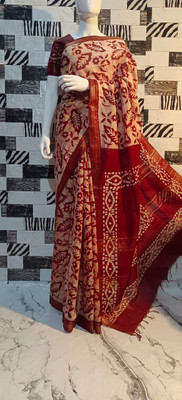 Luxury Silk Printed Hand Batik Handloom Cotton Blend Saree(Maroon)