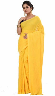HouseOfCommon Solid/Plain Handloom Pure Cotton Saree(Yellow)