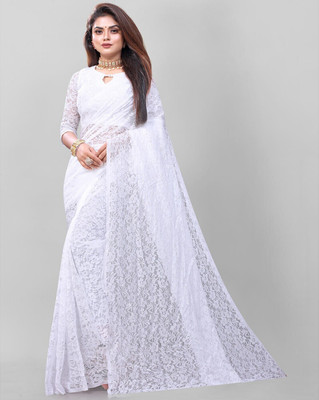 Suntex Floral Print Bollywood Net Saree(White)