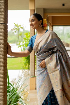 SUBHAM Woven, Embellished Banarasi Silk Blend Saree(Grey, Dark Blue, Gold)