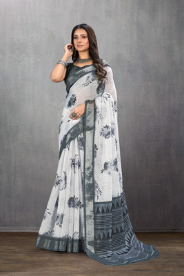 LADYZOOM Floral Print Bollywood Linen Saree(White)
