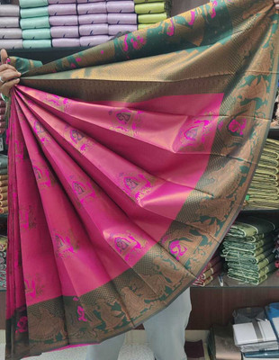 WILLMAKE Printed, Applique, Embellished, Floral Print, Woven Bollywood Georgette Saree(Pink, Green)