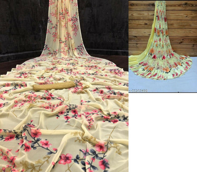 Sitanjali Floral Print Bollywood Georgette Saree(Pack of 2, Yellow)