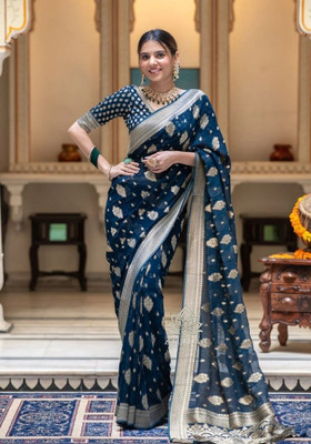 MADHAV Embellished Banarasi Art Silk Saree(Blue)