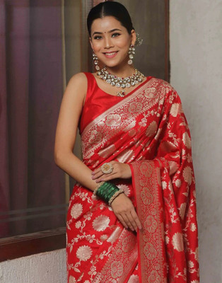 Samah Woven, Embellished Banarasi Silk Blend, Jacquard Saree(Red)