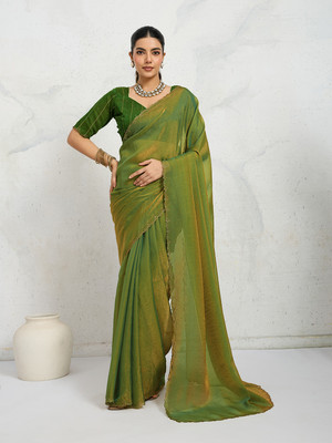 RekhaManiyar Solid/Plain Saree with Attached Blouse Georgette Saree(Green)
