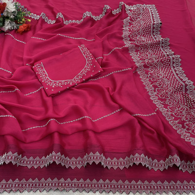 JennyFeb Villa Embellished Bollywood Pure Silk Saree(Pink)