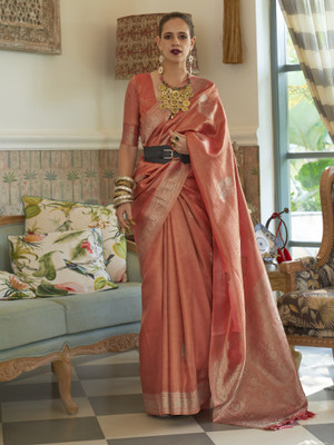 Sareemall Woven Banarasi Silk Blend Saree(Orange)