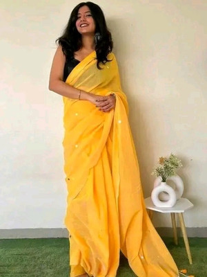 FASHIONSHAREE Self Design Saree with Attached Blouse Cotton Blend Saree(Yellow)