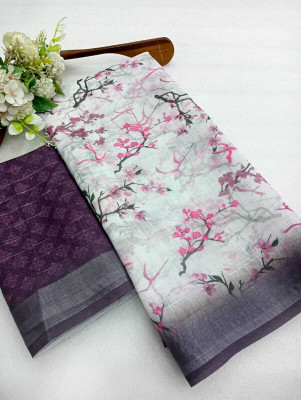 HouseOfCommon Printed Kanjivaram Linen, Cotton Linen Saree(Magenta, White)