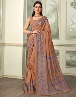 SIRIL Printed Daily Wear Crepe, Silk Blend Saree(Brown)
