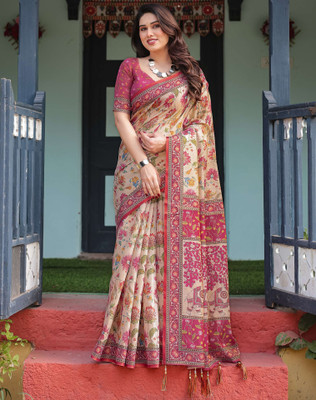 Tasrika Floral Print, Woven, Embellished Handloom Linen Saree(Beige)